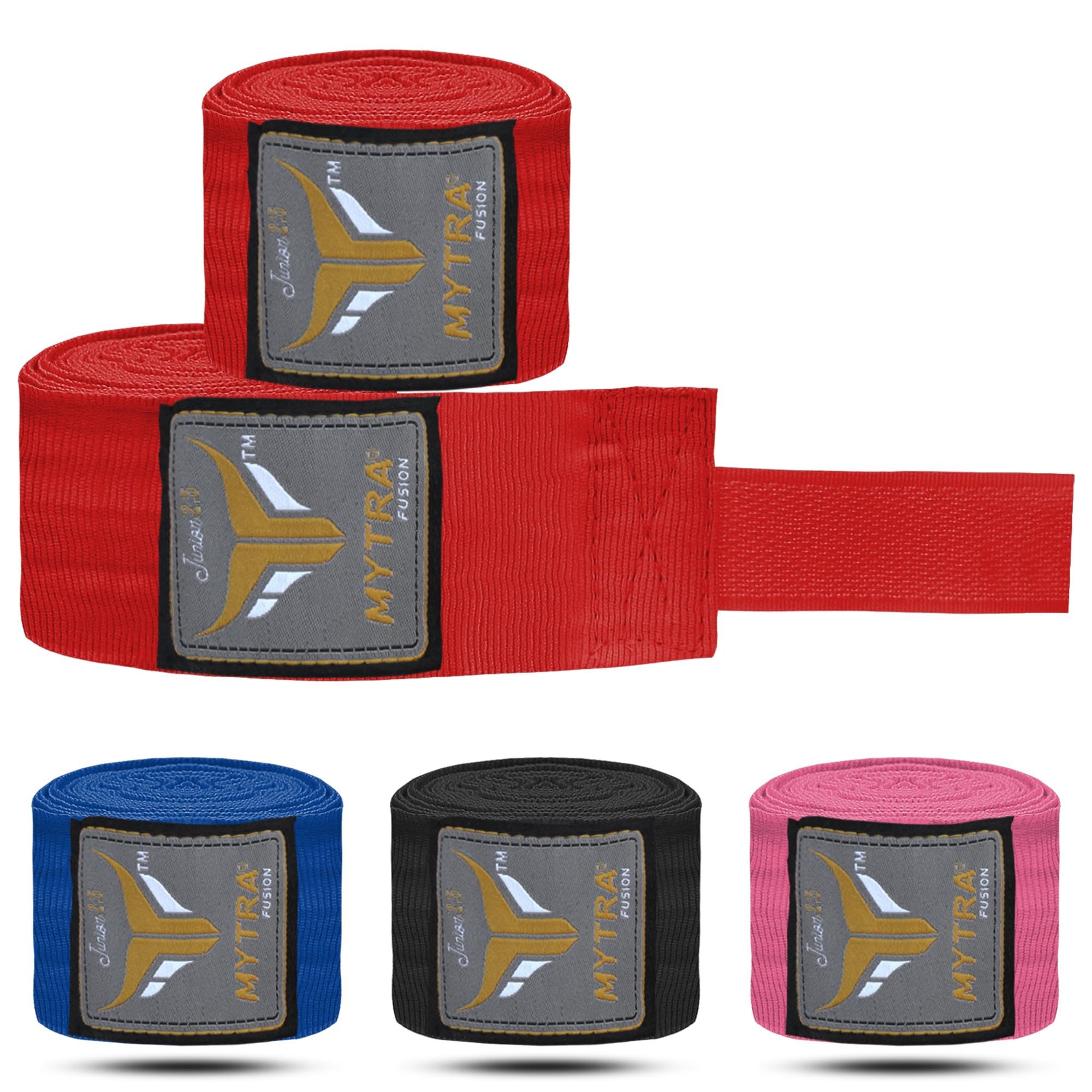 Mytra Fusion Kids Hand Wraps 2.5-Meter Long Fine Quality Stretchable Mexican Style Hook & Loop Closure (Red)