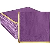 Fulmoon 100 Pack 2 Ply Cocktail Napkins Paper Gold Foil Trim Edge Beverage Dessert Disposable Paper Napkins Dinner Baby Shower Wedding Birthday Party Tableware Decorations, 5 x 5 Inches(Purple)