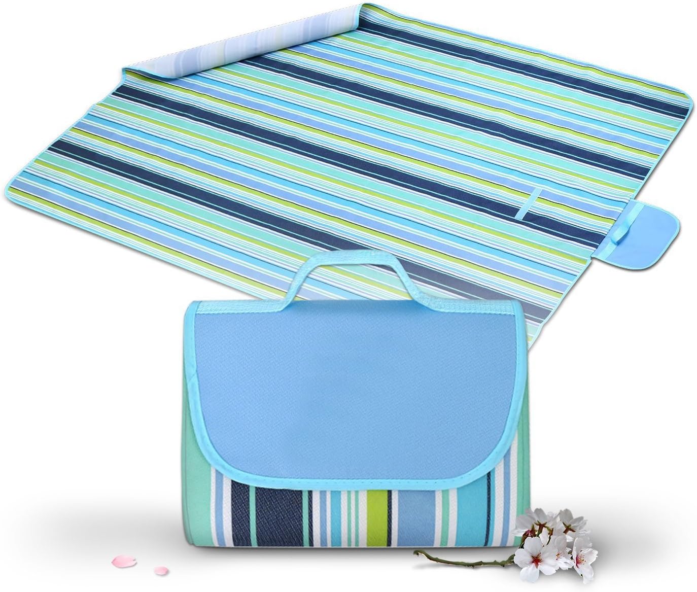 Tecare Picnic Blanket Beach Rug Waterproof Handy Mat with Strap Folding Large for Outdoor Camping Baby Children Kids 57"x78" Stripe (Blue)