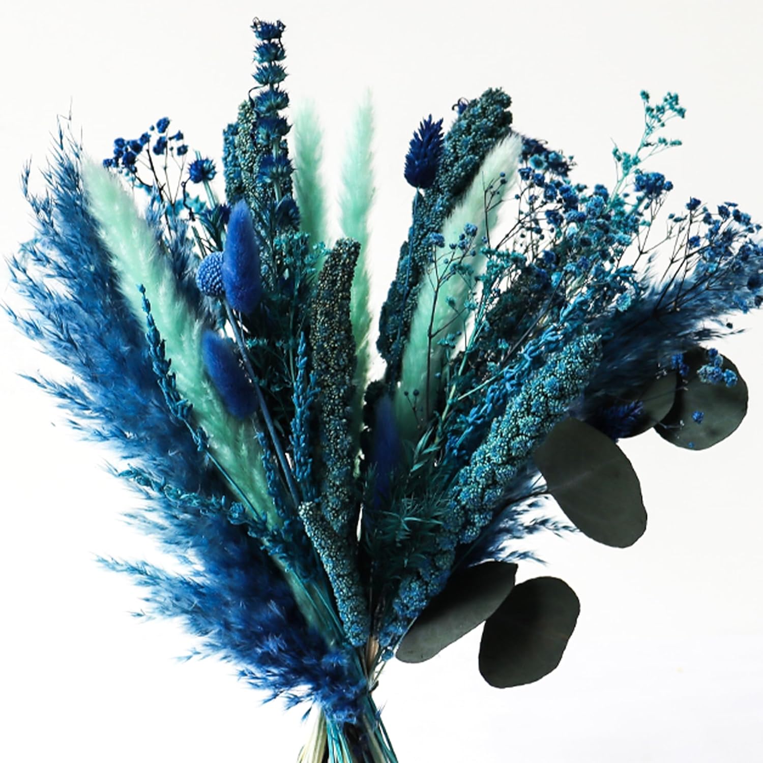 Dried & Preserved Flora - Acfruits Blue Natural Dried Pampas Grass Bouquet, 17 Inch Blush Blue Pampas Grass Decor Dried Flower Arrangement for Home Wedding Decoration