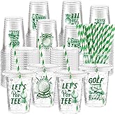 Romooa 100 Sets Golf Party Cups Golf Ball Party Favor 12 oz Clear Plastic Cups Bulk with Lids Straw Drinking Cup Disposable Tumblers Supplies for Birthday Baby Shower Bachelor Themed Decoration