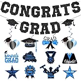 Upgraded, 26Pcs Congrats Grad Banner, Premium Black Glitter Graduation Banner with Hanging Swirls, Blue Black Graduation Decorations, for Class of 2025, Congratulations Banners for School College