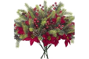 Grunyia 8PCS Artificial Flowers Bouquet Christmas Floral Pine Cones Red Fake Berry Picks Stems Holly Holiday Floral Picks for Xmas Tree Party Decoration DIY Indoor Table Centerpieces
