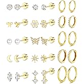 LOLIAS 14K Gold Plated Flat Back Earrings - Hypoallergenic Surgical Stainless Steel Stud Hoop Earrings for Women Girls Cute Stud Earring Set Small Huggie Hoops Cartilage Earring Stacks