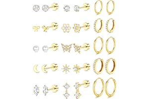 LOLIAS 14K Gold Plated Flat Back Earrings - Hypoallergenic Surgical Stainless Steel Stud Hoop Earrings for Women Girls Cute Stud Earring Set Small Huggie Hoops Cartilage Earring Stacks