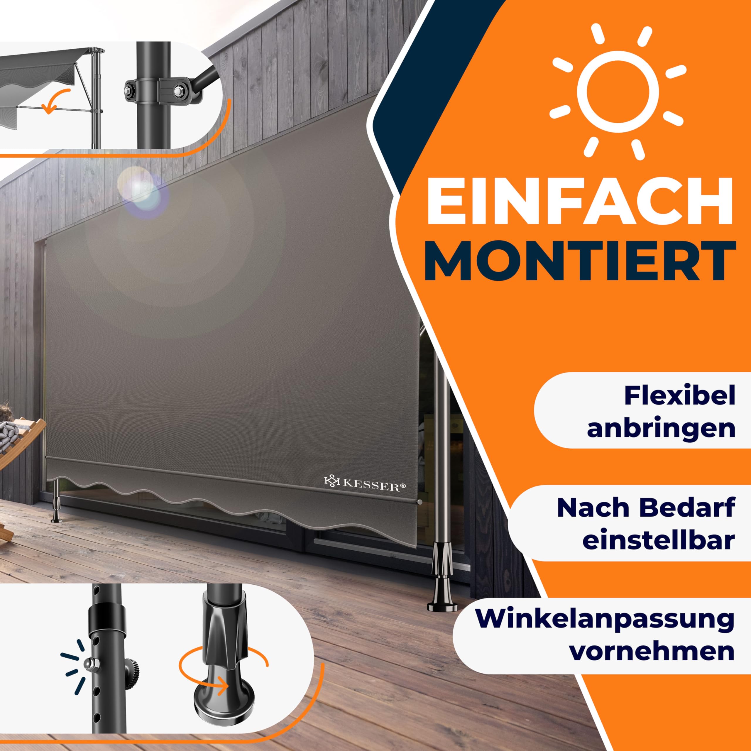 KESSER® Sonnenschutz Markise manuell ausziehbar 300cm | Sonnensegel UV Schutz Sonnenschutz | Klemmmarkise für Outdoor, Terrasse, Balkon, Garten höhenverstellbar ohne Bohren, Anthrazit 7