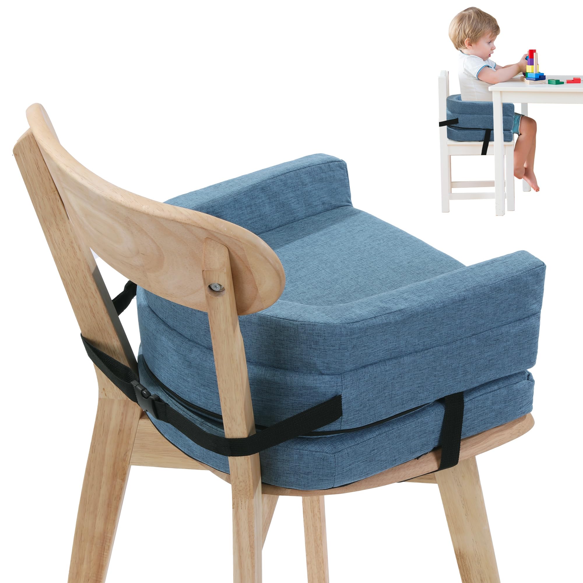 Photo 1 of ROYALAY Toddler Booster Seat for Dining Table, Adjustable Height Booster Seat Pad for Kids Chair, 5.3inch Portable Booster Cushion with Straps, Travel Booster Seats for Baby Child Boys Girls(Blue)