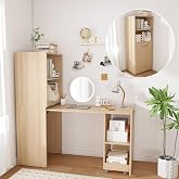 Light Wood Small Folding Desk with Storage Shelves &amp; Bookcase(Natural.) | Expandable Hidden Computer Desk, Space-Saving Pull Out Murphy Table, Writing Table with Wheels for Home Office Bedroom