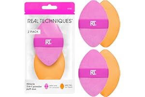 Real Techniques Miracle 2-In-1 Powder Puff, Dual-Sided, Full-Size Makeup Blending Puff, Reversible Elastic Band, Precision Tip Makeup Sponge & Powder Puff, For Liquid, Cream & Powder, 2 Count