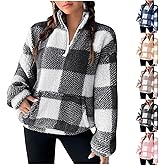 eoeioa Sherpa Quarter Zip Pullover Women Plush Oversized Mock Neck Sweatshirt Winter Warm Checkered Sweater with Pockets