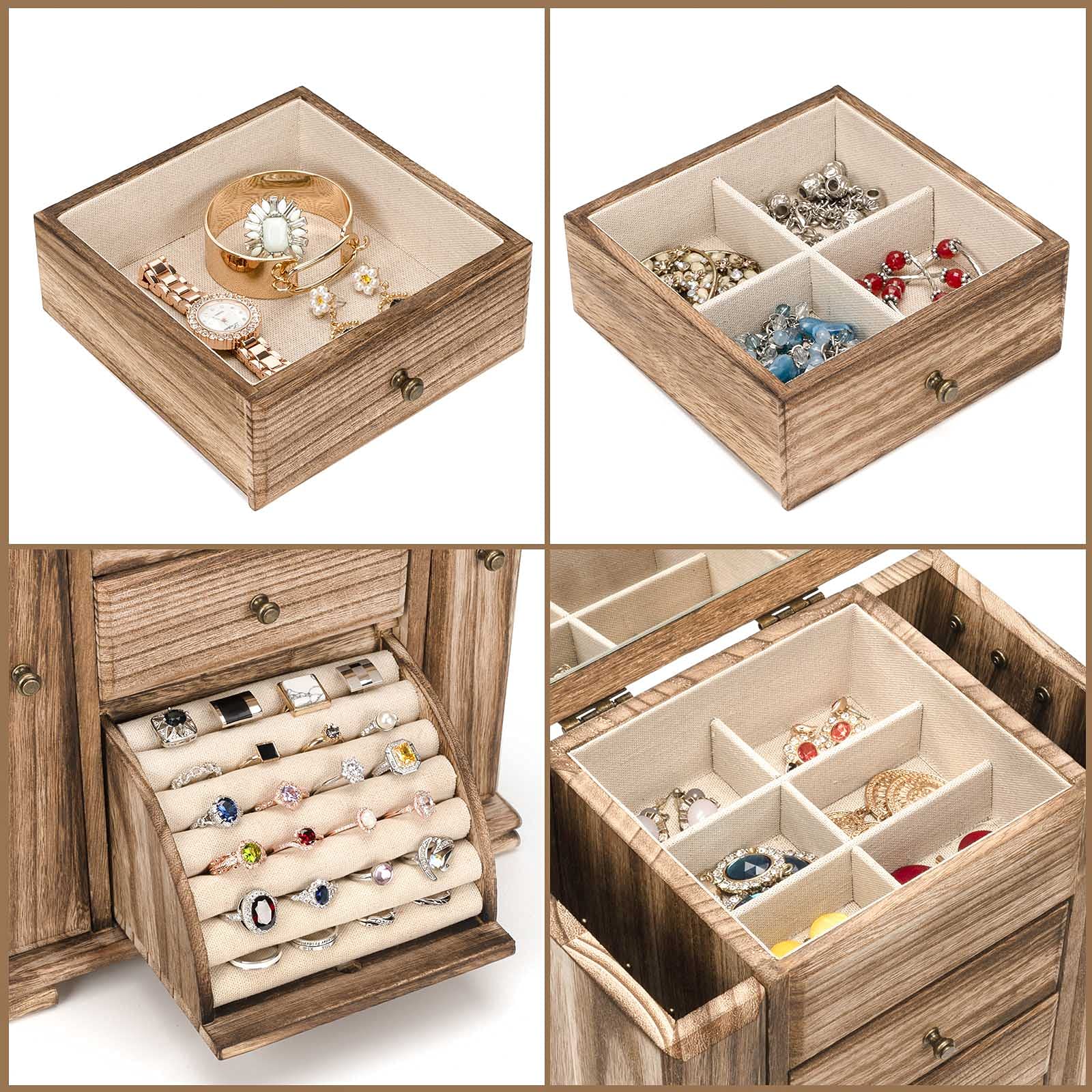 Emfogo Emfogo Jewelry Box for Women, Rustic Wooden Jewelry Boxes & Organizers with Mirror, 4 Layer Jewelry Organizer Box Display for Rings Earrings Necklaces Bracelets (Rustic Brown)