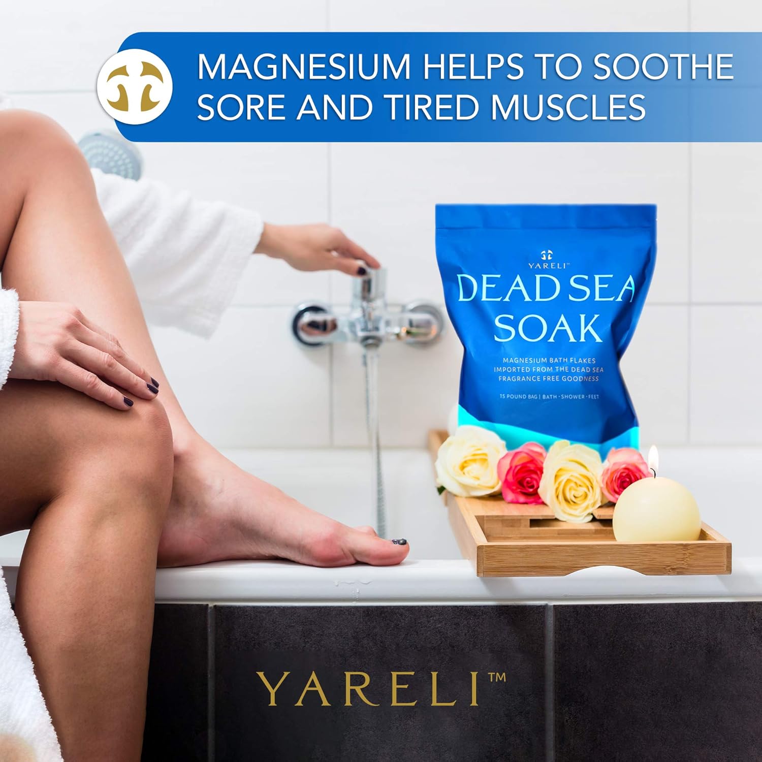 Yareli Dead Sea Bath & Foot Soak, Unscented Magnesium Bath Salt Flakes, Stronger Alternative to Epsom Salt 15lbs: Health & Personal Care
