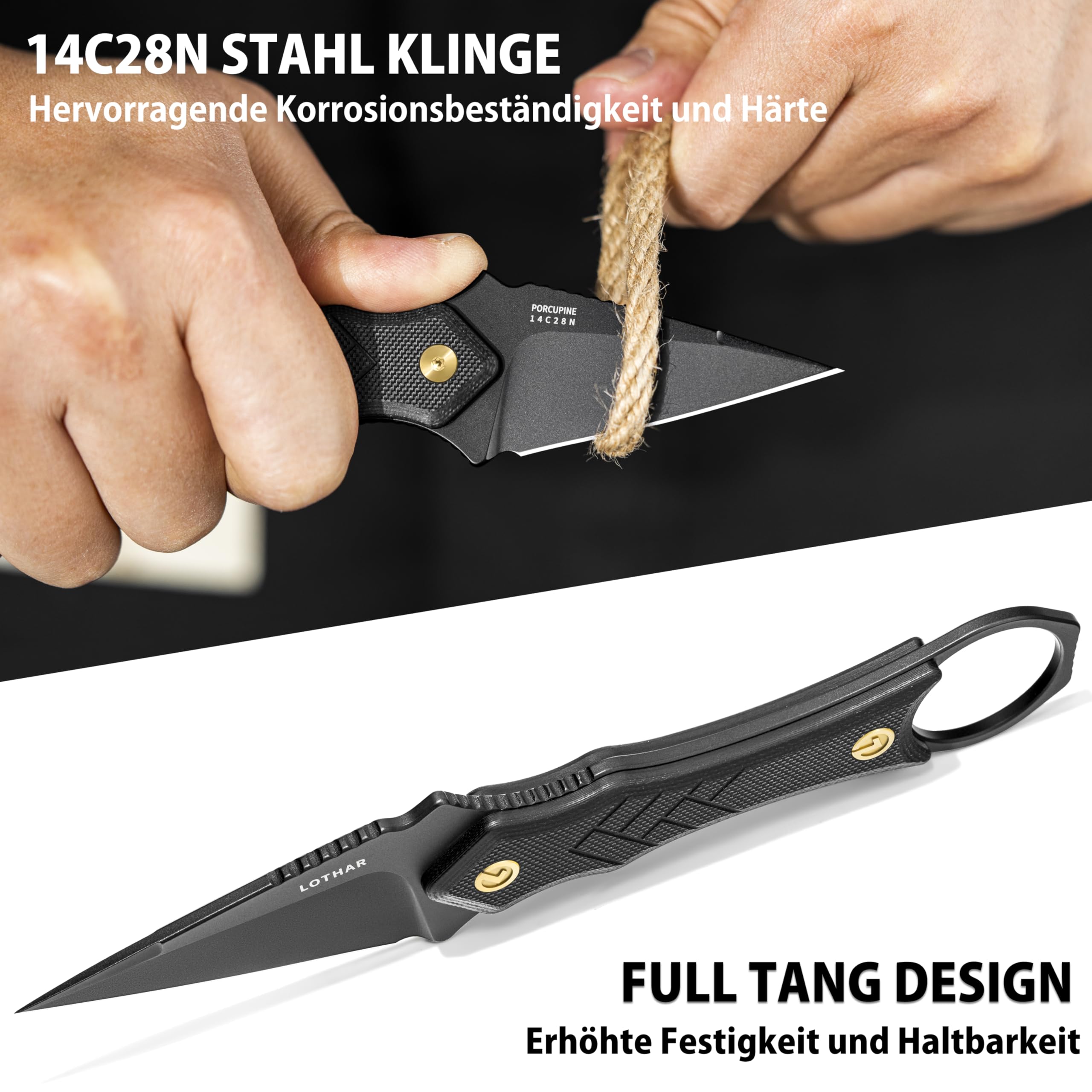 LOTHAR PORCUPINE 14C28N Stahl Neck Knife Messer,42A Fulltang Kleines Feststehendes Messer mit G10 Griff, Outdoor Messer mit Kydex Scheide und Gürtelclip (Schwarze Klinge) 3
