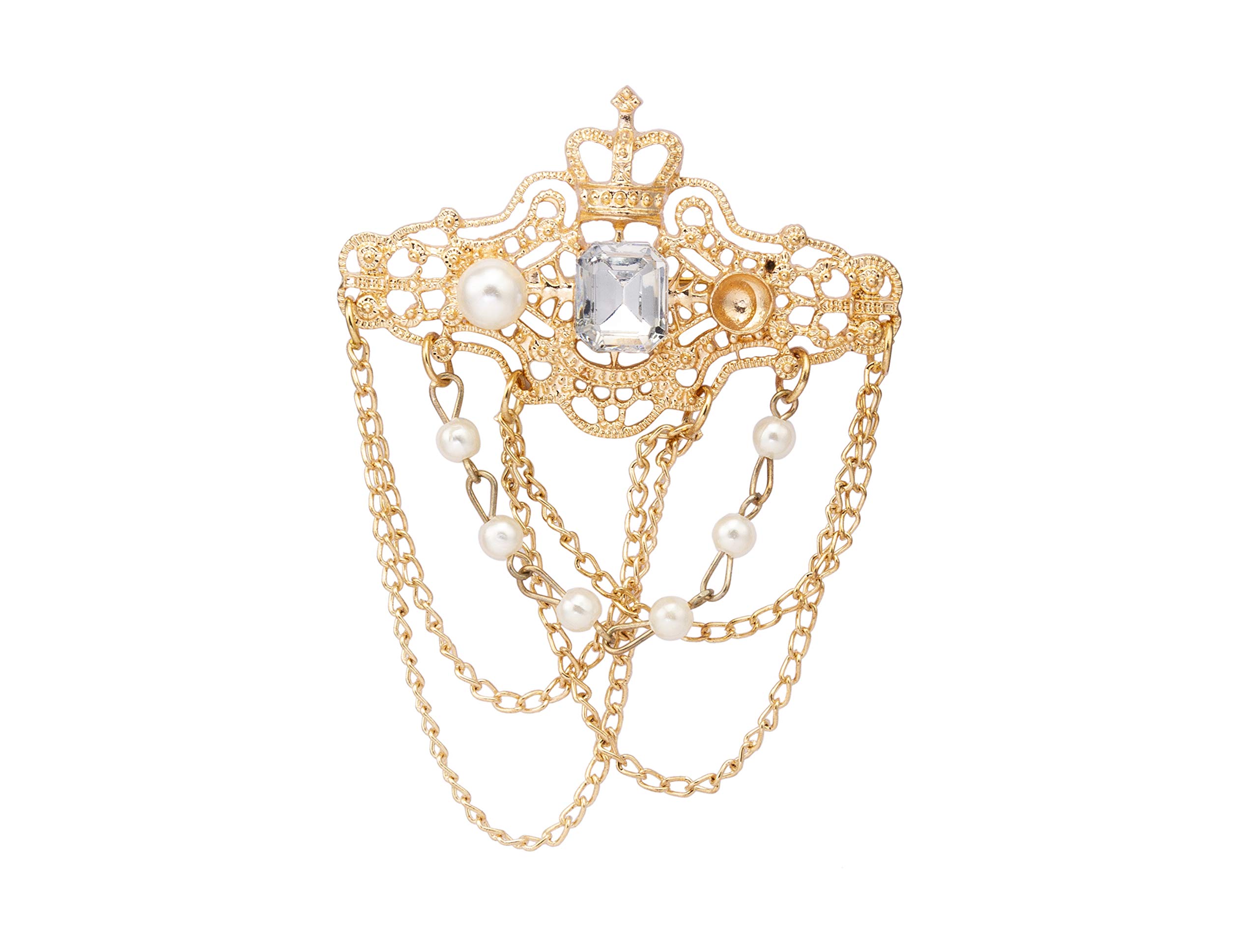 Brooch Lapel Pin for Men Gold Crowned White Stone with Engraving Imitation Pearl and Hanging Chain Metal Lapel Pin Badge Coat Suit Wedding Gift Party Shirt Collar Accessories