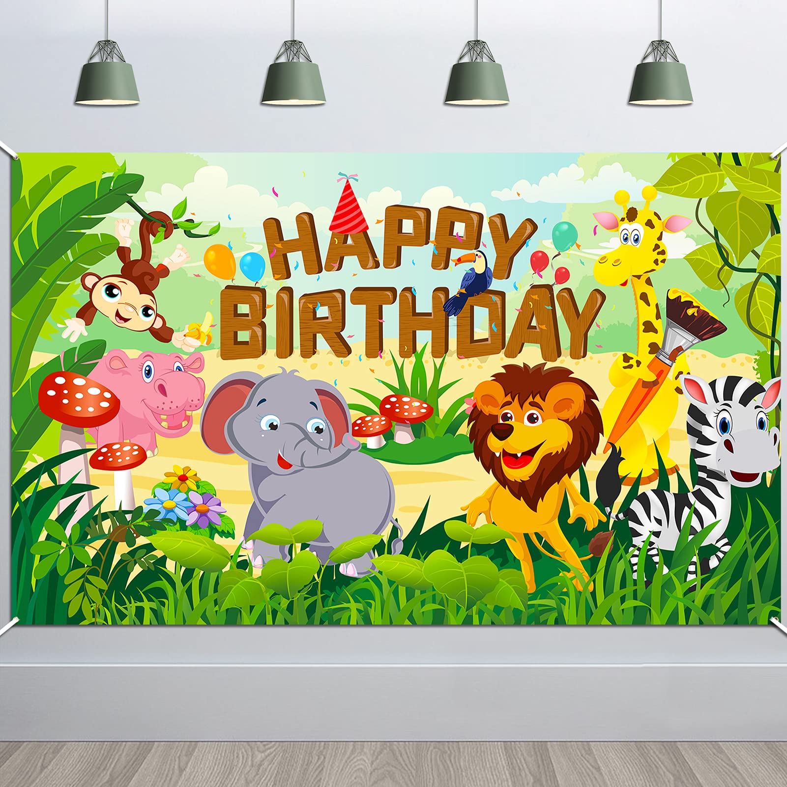 HOWAF Fabric Happy Birthday Banner for Jungle Animal Theme Birthday Party Decorations, Kids Boys Forest Safari Theme Birthday Party Background Decoration Birthday Wall Backdrop Photography 6 x 3.6ft
