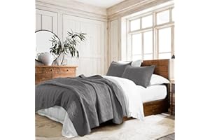 HORIMOTE HOME 100% Cotton Quilt Set Queen Size, Dark Grey Pre-Washed 3-Piece Bedspread Coverlet Set, Cozy Lightweight Stitching Bedding Cover with 2 Shams in Geometric Pattern for All Season