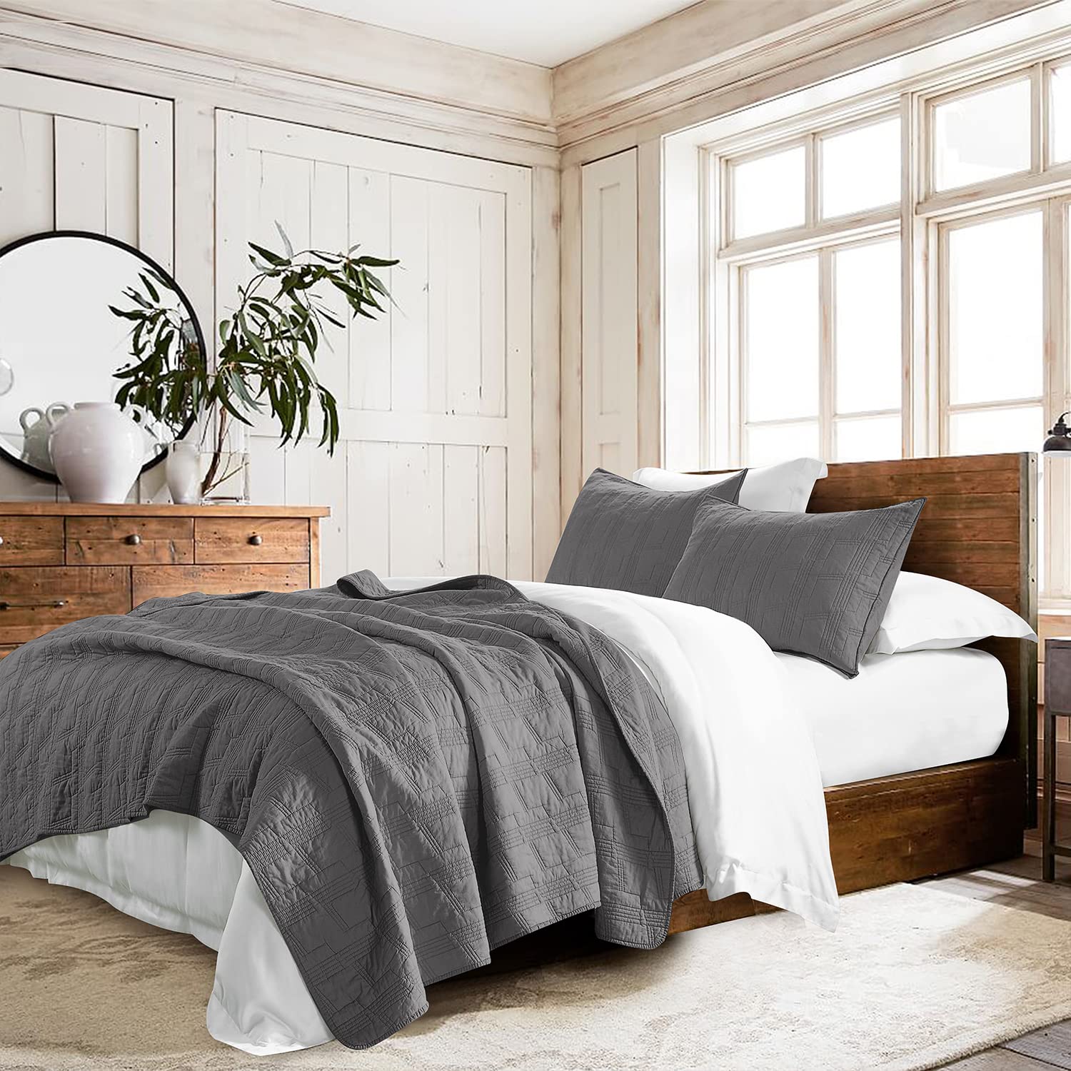 Photo 1 of HORIMOTE HOME 100% Cotton Quilt Set Twin Size, Dark Grey Pre-Washed 2-Piece Bedspread Coverlet Set, Cozy Lightweight Stitching Bedding Cover with 1 Sham in Geometric Pattern for All Season