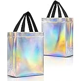 Nush Nush Iridescent Gift Bags Medium Size - Set of 12 Reusable Holographic Gift Bags with Handles - Goodie Bag for Birthdays, Bachelorette, Weddings, Holidays, Valentines, Events - 8"W x 4"D x 10"H