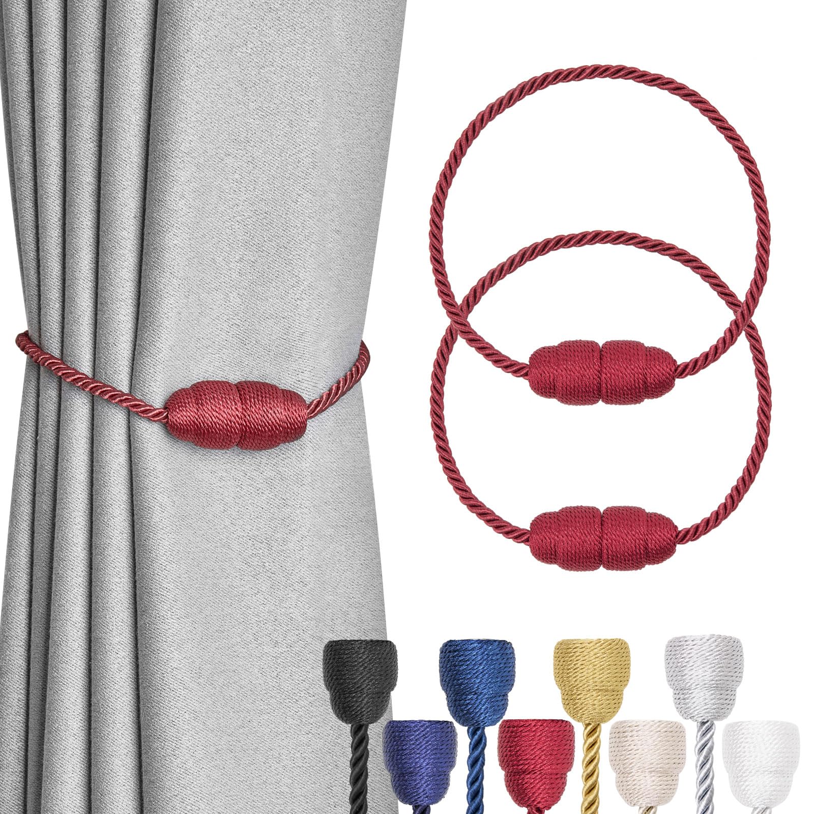 Pretty Jolly 2 Pack Strong Magnetic Curtain Tiebacks Handmade Weave Side Rope Curtain Holdbacks Unique & Elegant Decorative Curtain Drape Tie Backs for Home & Office Window Drapery (Wine Red)