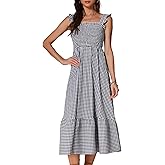 Allegra K Summer Maxi Dresses for Women Sleeveless Square Neck Gingham Smocked Casual Dress