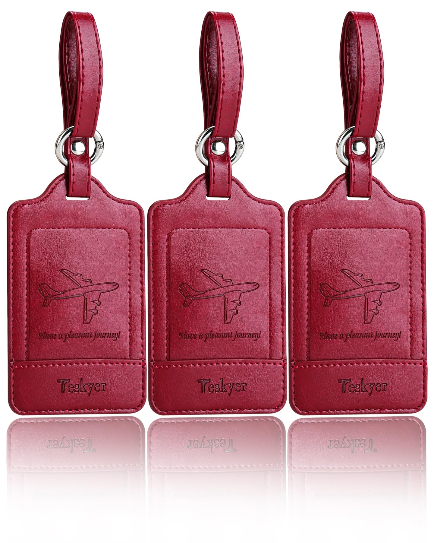 Teskyer Pack of 3 Luggage Tags, PU Leather Luggage Tags for Suitcases, Luggage Labels with Name ID Card, Noticeable, Durable, Travel Accessories, Wine Red