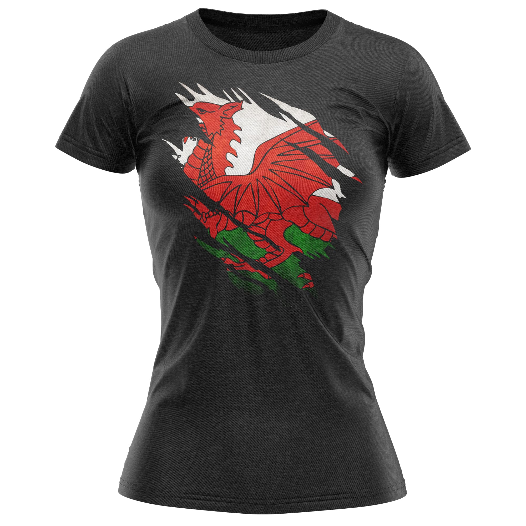 Purple Print House Wales Torn Womens T Shirt, Wales Rugby Gifts, Wales Flag Torn, Welsh Gift, Cymru Rugby Girls Shirt, Wales Present for Her, L, Black