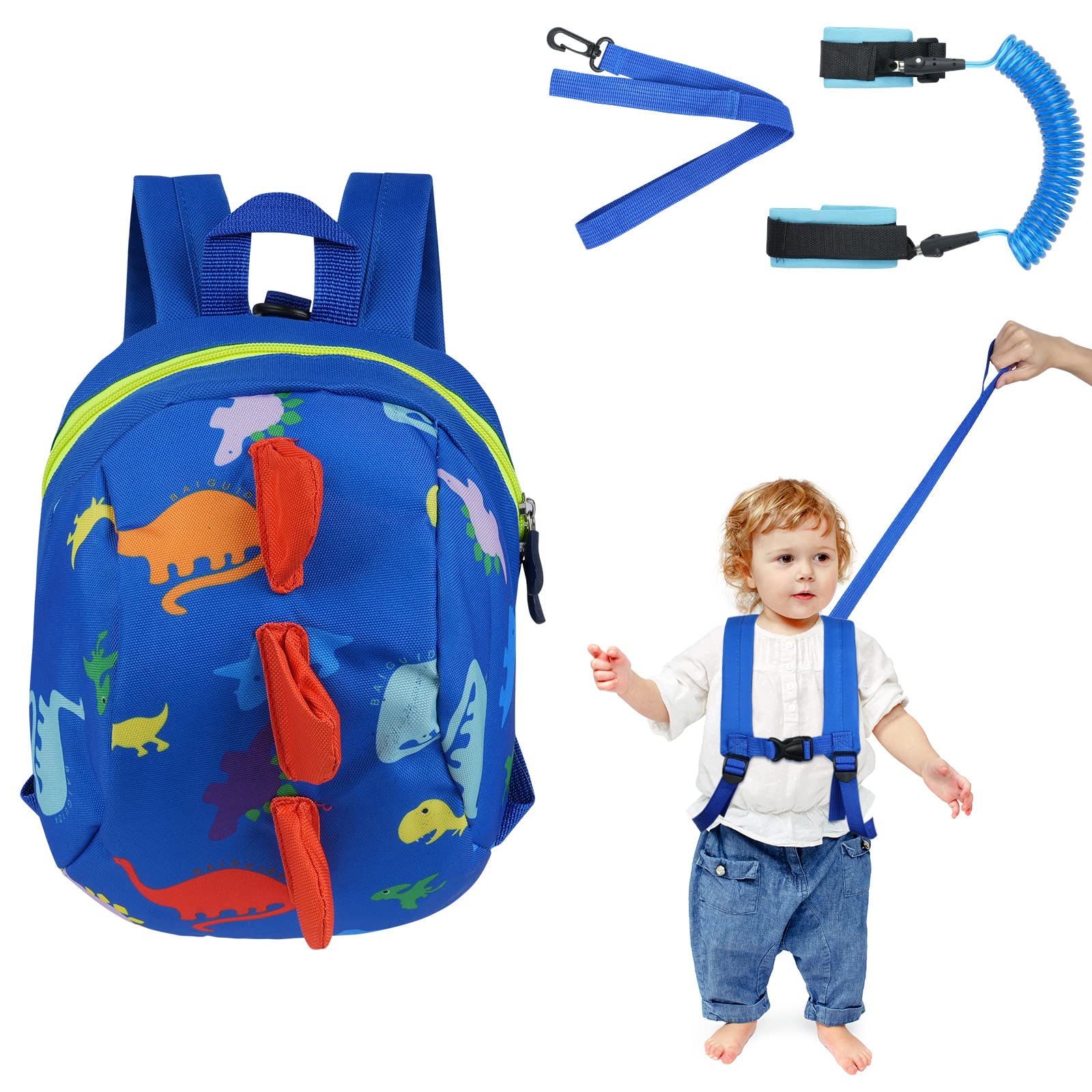 AOMIG Baby Reins, Baby Walking Reins and Toddler Safety Harness, Dinosaur Baby Reins Safety Leash Baby Toddler Anti Lost Belt Reins for Toddlers Boys and Girls (Blue)
