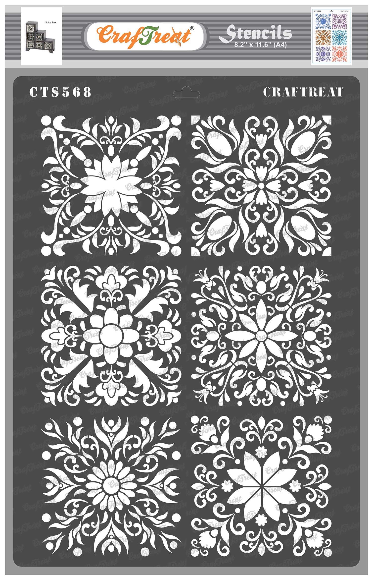 CrafTreat Reusable Designer Flourish Stencil for Painting on Wood, Canvas, Paper, Fabric, Floor, Wall and Tile - Square Tiles -A4 (8.3 x 11.7 Inch) - Floral Stencils and Templates for Painting