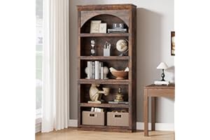 Garvee Farmhouse Arched Bookcase, 68.7" Tall Bookshelf with Arch Top Design, Wooden 5 Tier Storage Bookshelves Book Shelf for