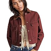 HangNiFang Cropped Barn Jacket for Women 2025 Contrast Collar Outwear Long Sleeve Cotton Short Cargo Jacket with Pockets