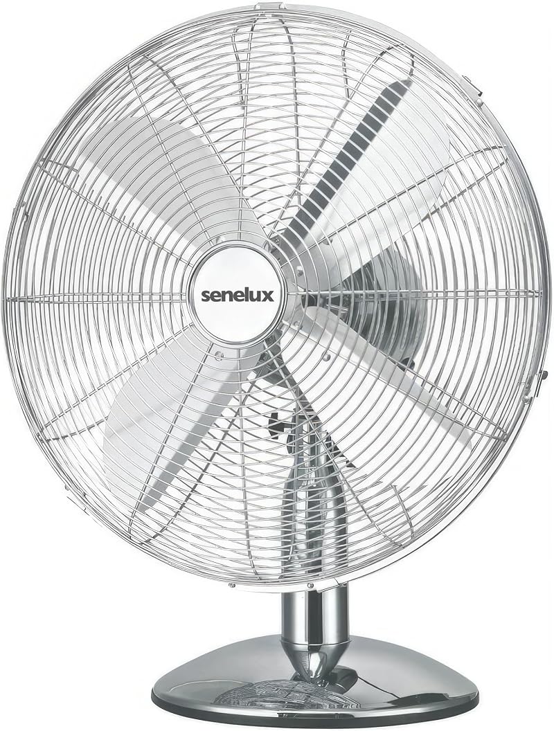 Senelux 12 Inch Chrome Desk Fan 3 Speed Oscillating Quiet Operation