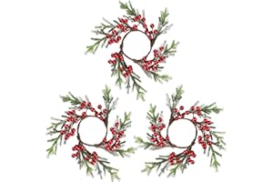 Rhytsing 3 Artificial Christmas Cedar Candle Rings with Red Berries for Pillar Candles, Christmas Wreath for Candlestick Holders, Table Centerpiece, and Dining Table, Inner Diameter: 3.5"