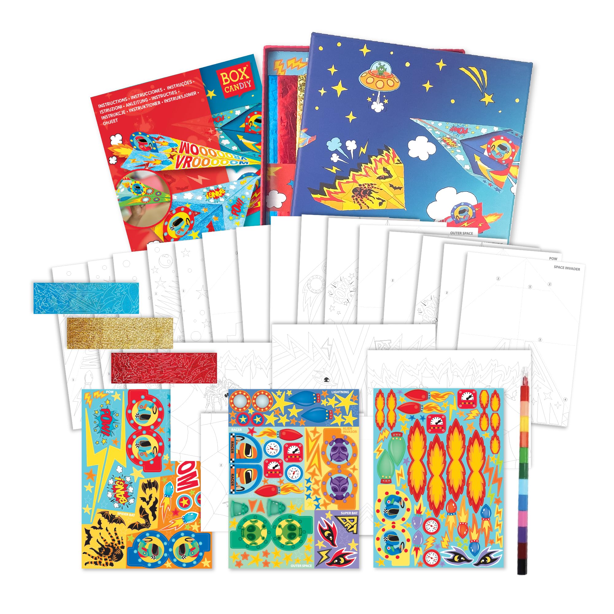 BOX CANDIY 20 Paper Planes Colouring & Decoration Set I DIY Origami Kit with Stickers, Foil Sheets & Crayon I Arts & Crafts for Kids with Keepsake Storage Box.
