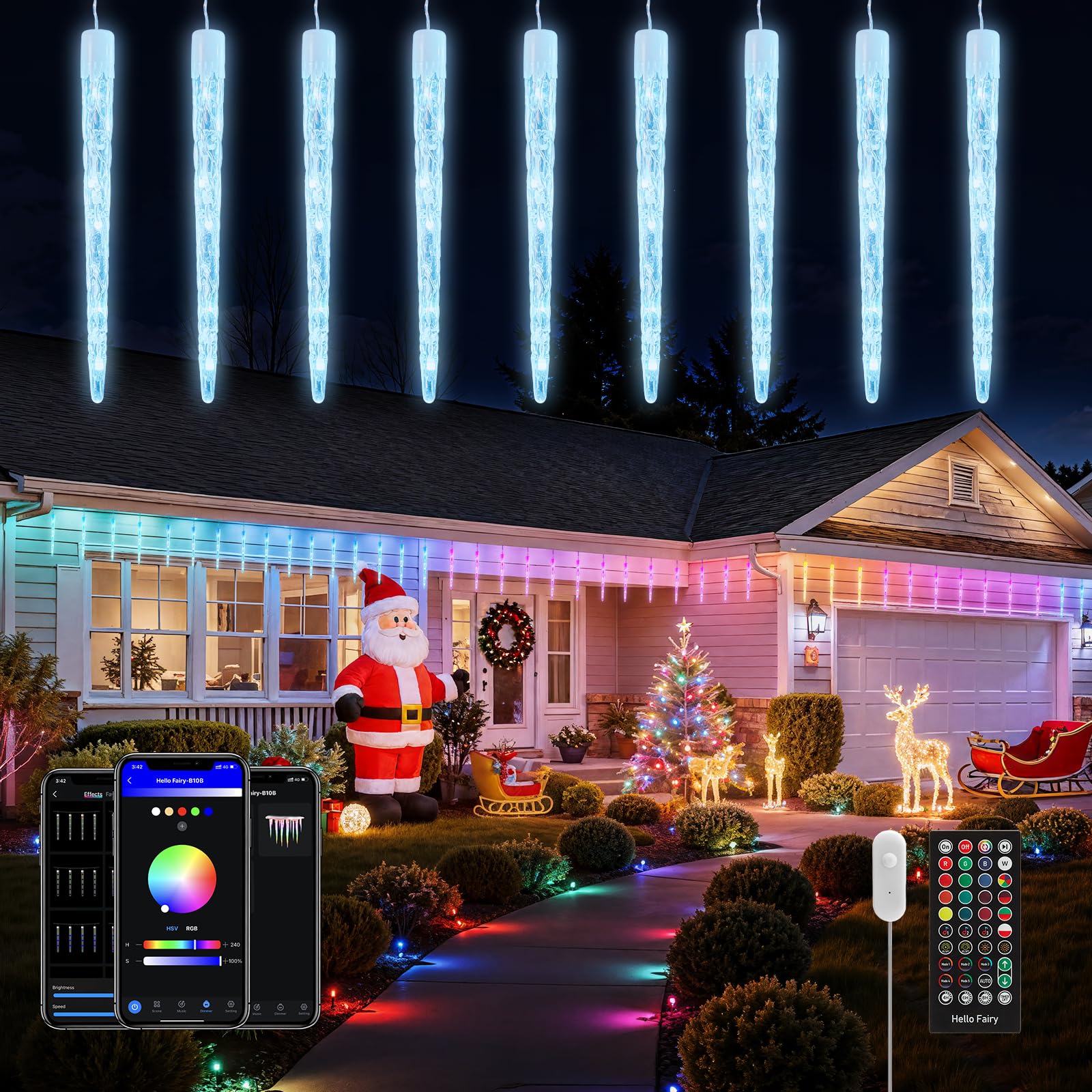 Photo 1 of Brightown Smart Icicle Lights for Outside - 31.2ft with 20 Tubes 100 LED Color Changing Icicle Christmas Lights Decoration - APP Controlled RGB Customize Display DIY Dynamic Lighting Effect