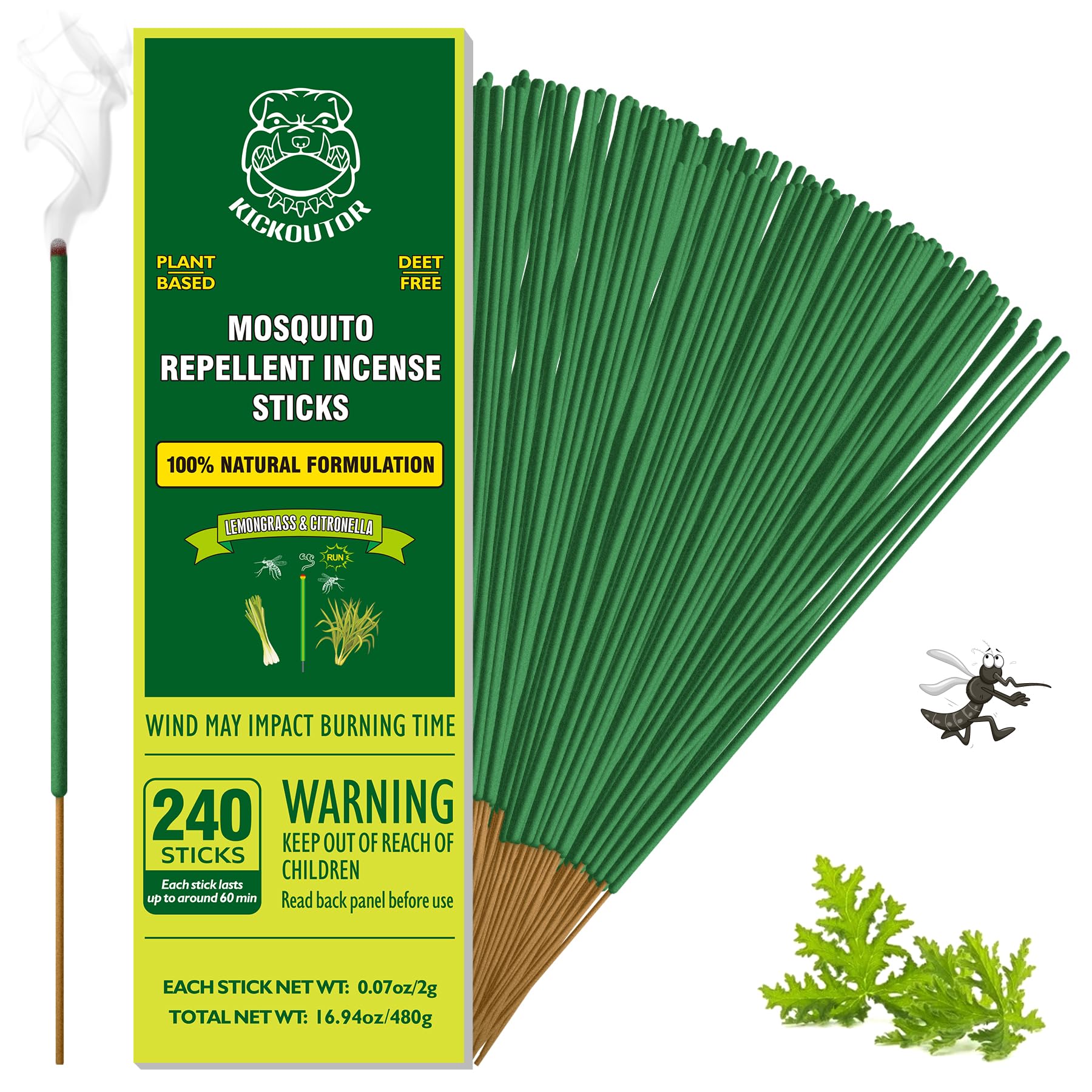KICKOUTOR® Mosquito Repellent Outdoor Patio, 240 Count Natural Citronella Mosquito Incense Sticks, 1-Hour Burn DEET-Free Flying Insect Bug Control for Backyard Camping | Gnat No-See-um