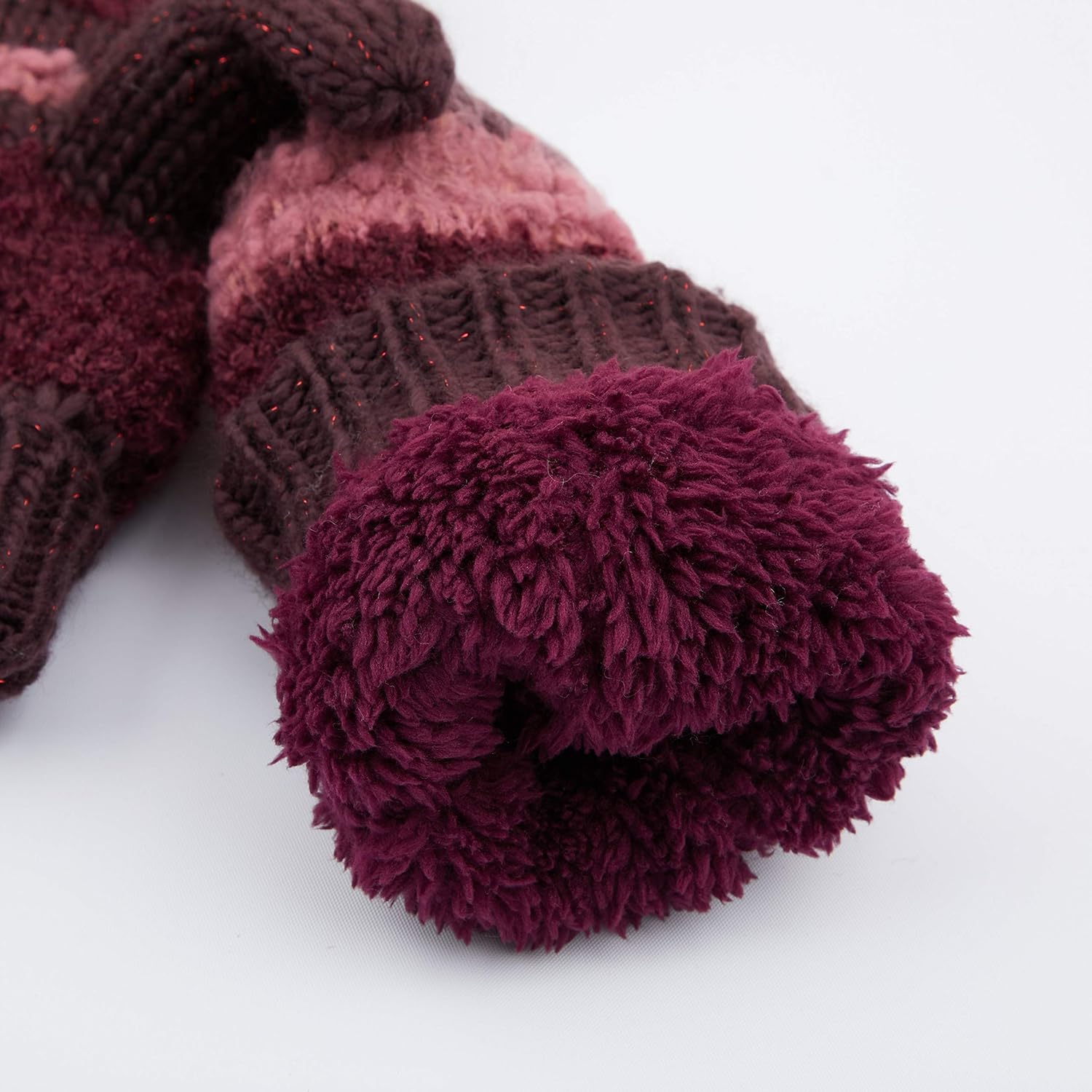 CC Exclusives Women Thick Knit Faux Fur Sherpa Fleece Lined Warm Winter Gloves Mittens (Striped-Burgundy) at  Women’s Clothing store