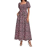 BTFBM Womens Spring Summer Dresses 2026 Square Neck Puff Short Sleeve Smocked Floral Boho Beach Wedding Guest Maxi Dress
