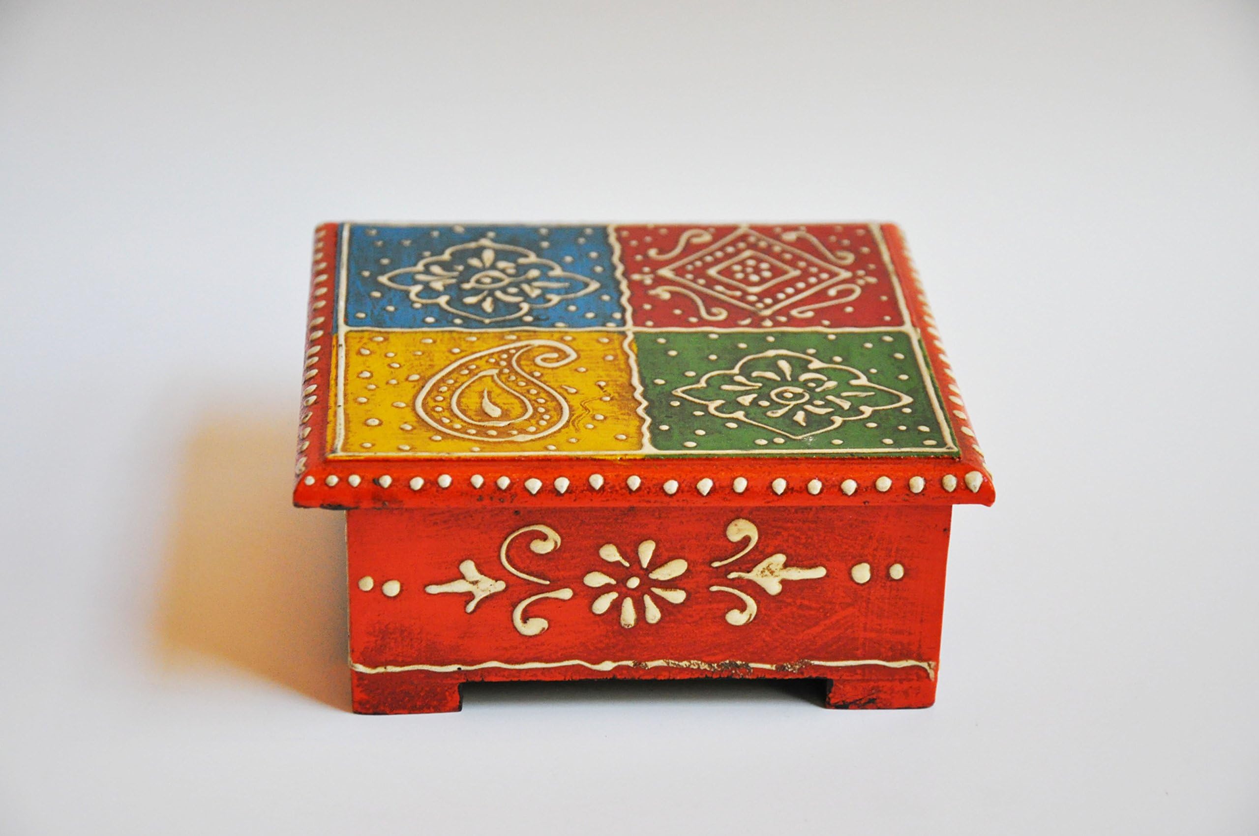 Beverage Drink Coasters Set & Holder Decorative Handmade Wood 6 Square ,Table Coasters and Wooden Holder Table Top Accessories, Multicolored Handpainted .