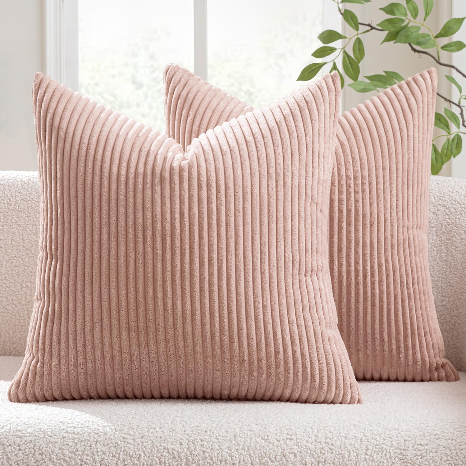 MIULEE Set of 2 Striped Corduroy Square Throw Pillow Case Soft Cushion Covers Sham Home for Sofa Couch/Bedroom Decorative Fluffy Large Pillowcases 16x16 Inch 40x40cm Pink — image 1