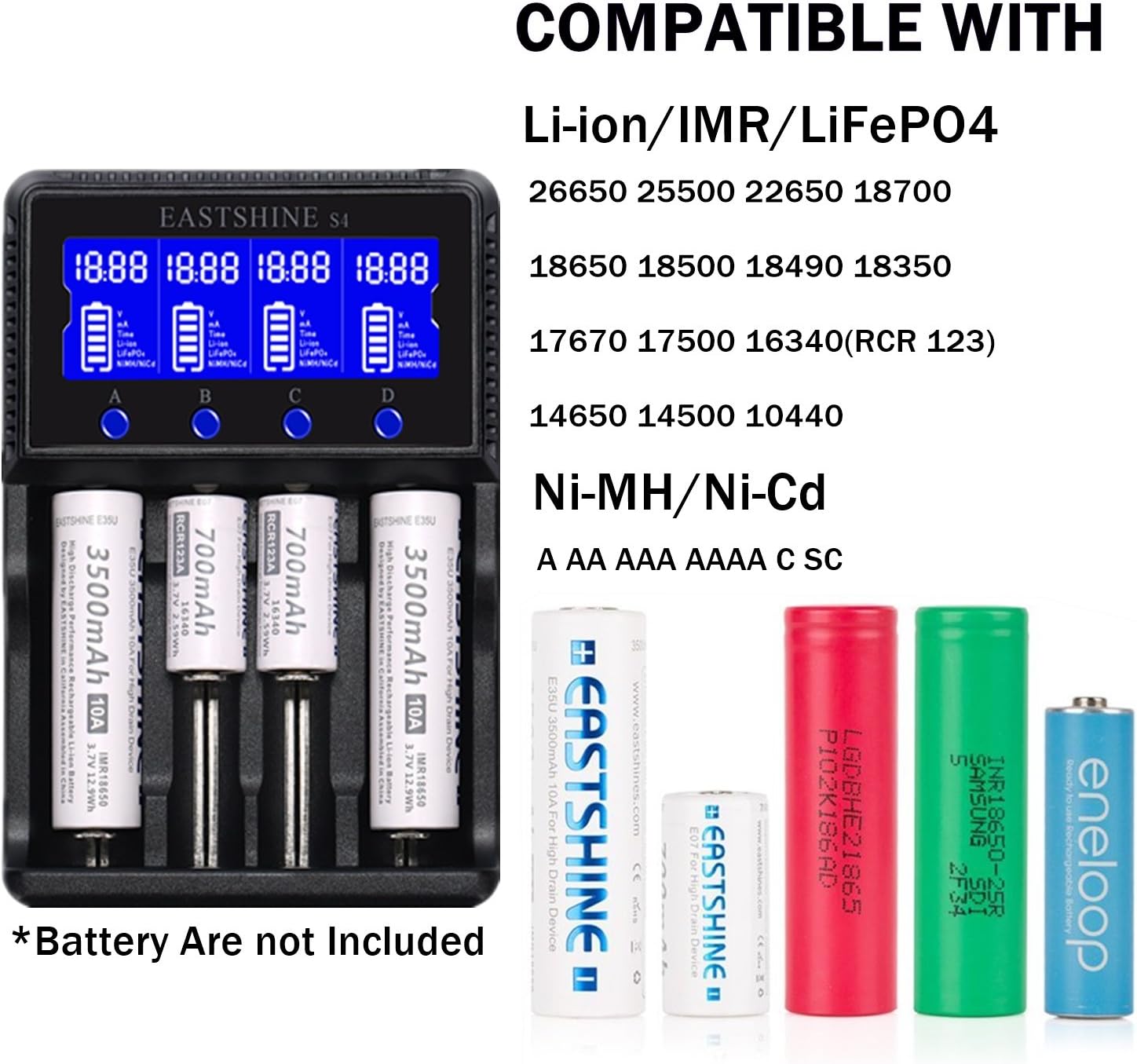 Universal Smart Battery Charger 4 Bay for Rechargeable Batteries Ni-MH Ni-Cd AA AAA C Li-ion LiFePO4 IMR 18650 26650 14500 16340 18500 10440 18350 17670 RCR123a with Car Adapter LCD Display UL Listed: Home Audio & Theater