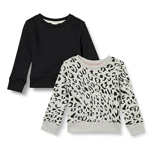 Amazon Essentials Girls' Fleece Crewneck Pullover Sweatshirts, Pack of 2, Black/Light Grey Heather Leopard, Large