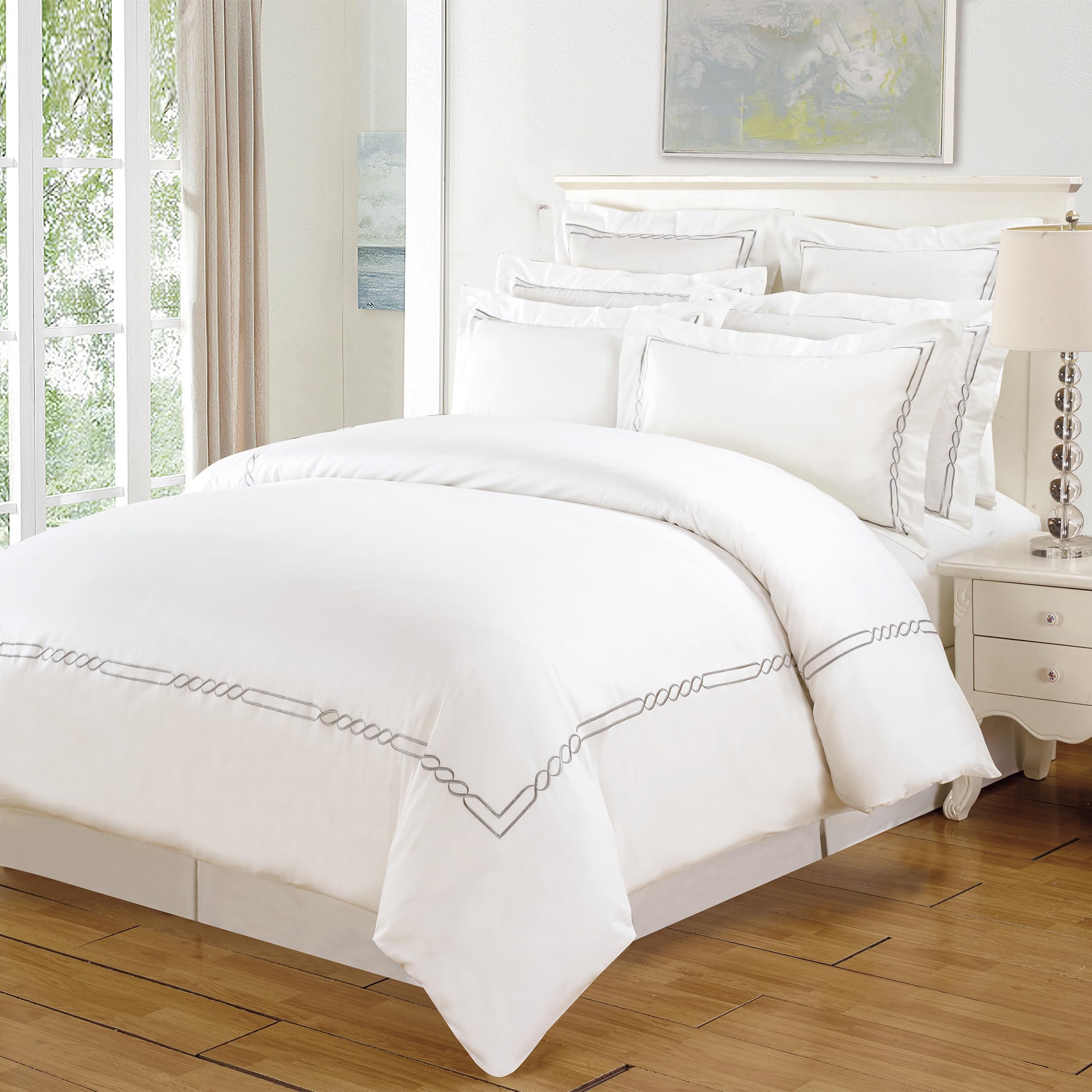Photo 1 of Superior Lorenz Cotton 200 Thread Count Duvet Cover Set, Comforter Cover, Bed Essentials, Embroidered Infinity Border, Includes 1 Duvet Cover with Button Closure, 2 Pillow Shams, King/California King