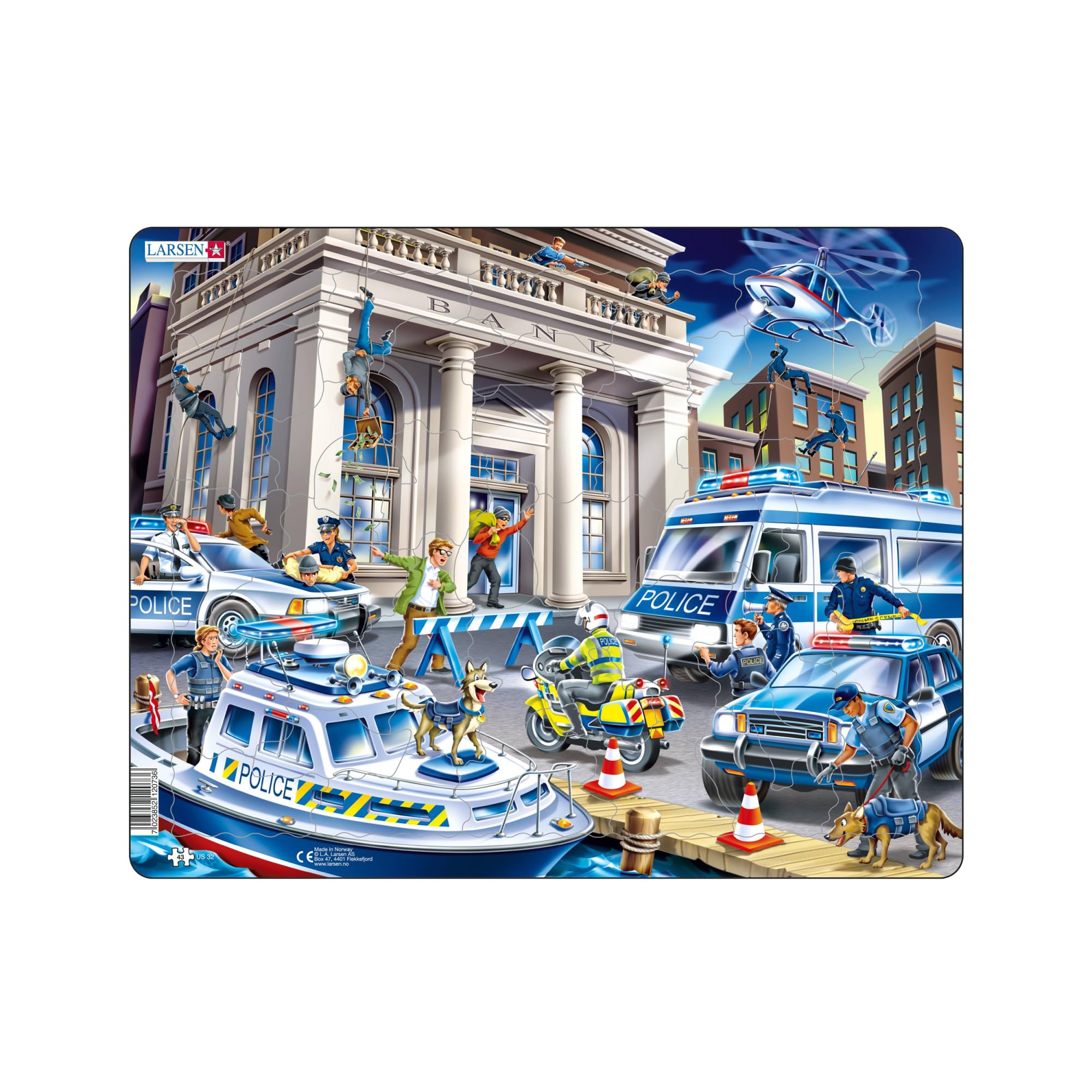 Larsen US32  Kids Police Jigsaw Puzzle – “Police Catch Thieves” 43‑Piece Tray Puzzle for Children – Educational & Fun Indoor Activity, Gift