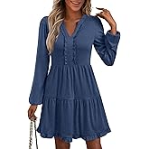 ANRABESS Womens Long Sleeve Dress 2025 Fall Casual V Neck Tiered Flowy Swing Short Mini Dresses Beach Travel Vacation Outfits
