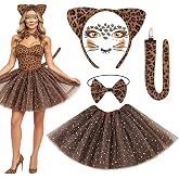 Cheetah Costume Set Women Leopard Ears Headband Bow Tie Tails Face Stickers | Fluffy Animal Costume for Adults Halloween Carnival Masquerade Party Dress Up Cosplay