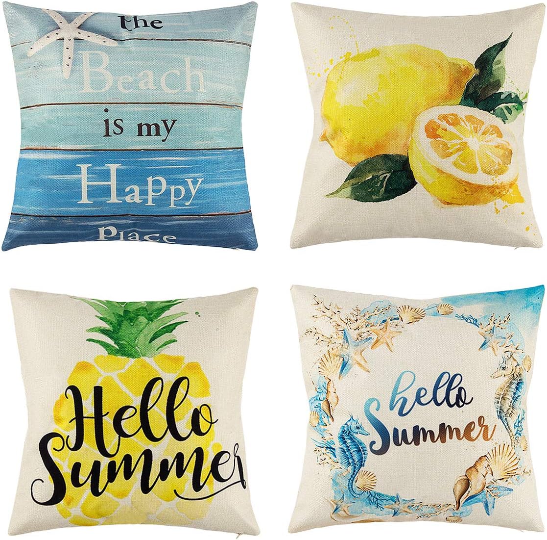 peony man Hello Summer Pillow Covers, Linen Pineapple Lemon Sea Horse Starfish Shell Wreath Beach Wood Grain Throw Pillowcases for Home Car Sofa Bedding Couch Decor, 18 x 18 Inch