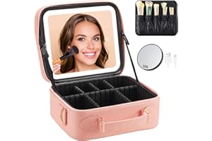 DIVMCEKNYY Travel Makeup Bag With LED Mirror-Portable LED Makeup Bag with 3 Color Lighted Mirror for Women-Cosmetic Train Case with Adjustable Dividers (Pink)