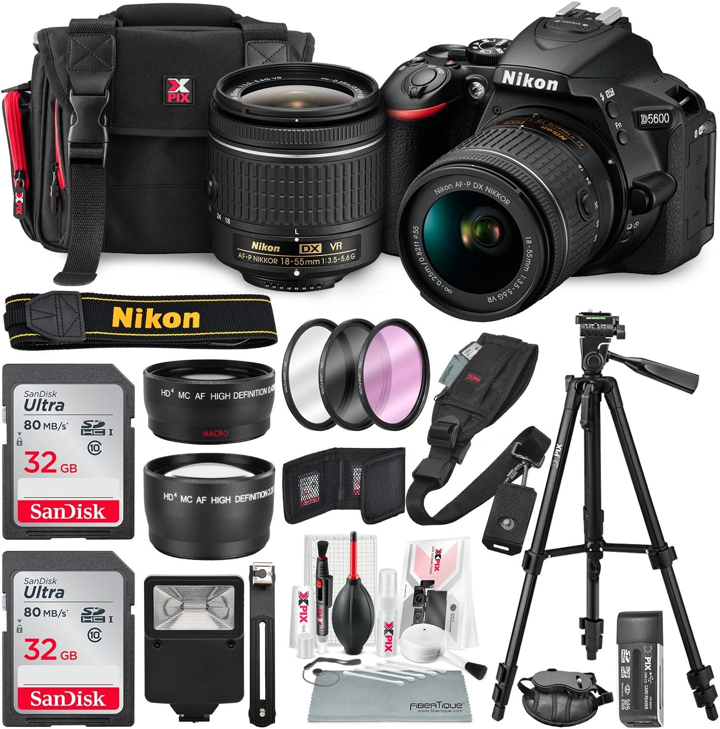 Nikon D5600 DSLR Camera with 18-55mm Lens W/ 2X 32GB Memory Card + Filters + 55mm Telephoto & Wide-Angle, Quick Release Shoulder Strap + Xpix Lens Handling Accessories with Deluxe Bundle
