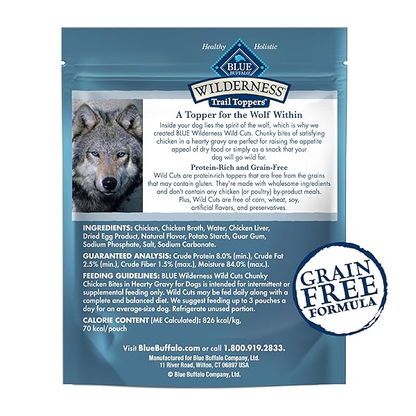 BLUE BUFFALO WILDERNESS TRAIL TOPPERS WILD CUTS NATURAL HIGH-PROTEIN DOG WET FOOD, CHICKEN BITES IN HEARTY GRAVY, 3-OZ POUCH, 24 COUNT