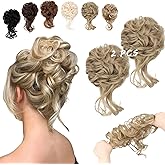 FeidyLong 2PCS Messy Bun Hair Piece Tousled Updo with Tendrils Wavy Curly Hair Bun Scrunchies Ponytail Extension Elastic Band Hairpieces For Women (Ash Blonde)